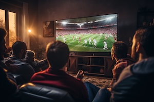 En grupp vänner som tittar på fotboll på tv